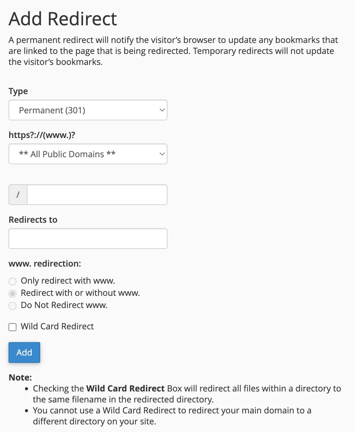 redirects Menu Redirects di cPanel