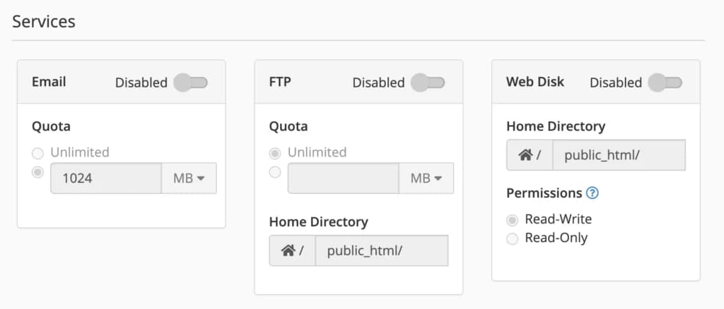 Bagian pengaturan Services saat menambah user baru di cPanel