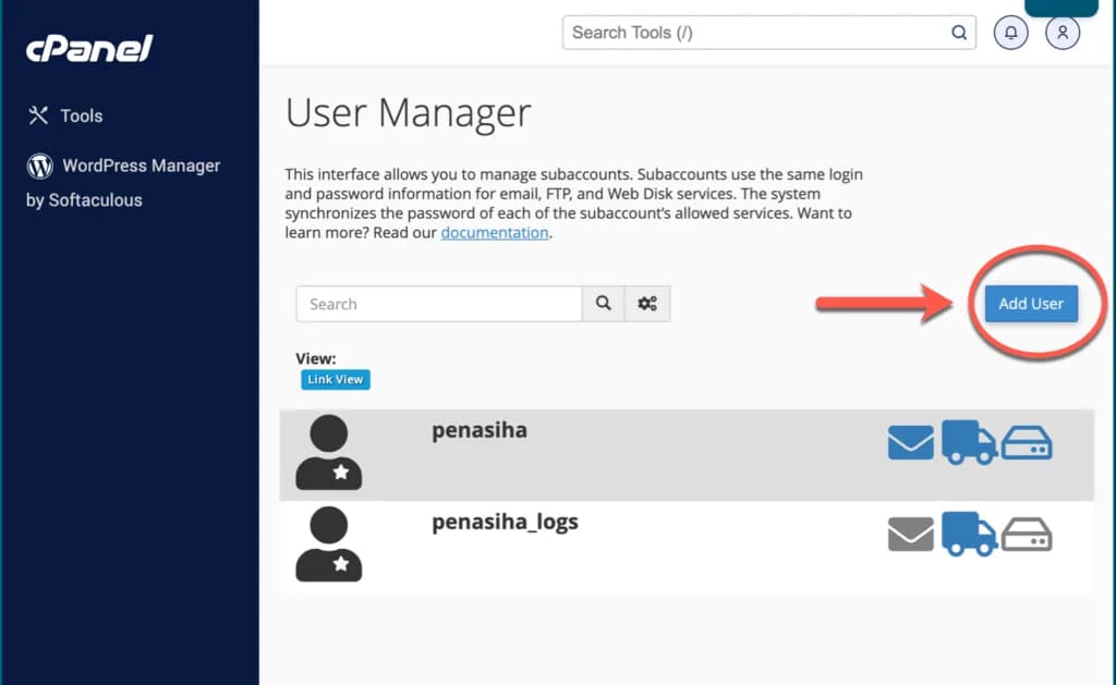 Halaman User Manager di cPanel