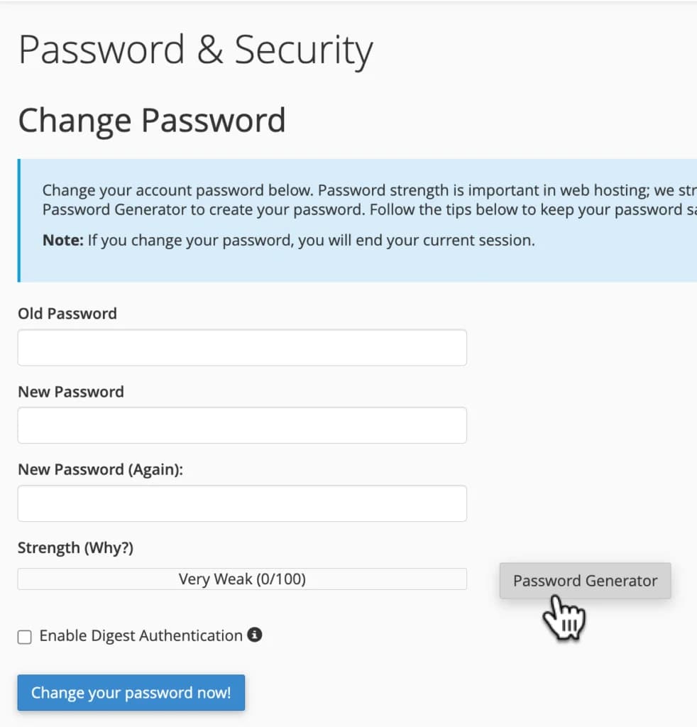 Halaman pengaturan Password & Security di cPanel