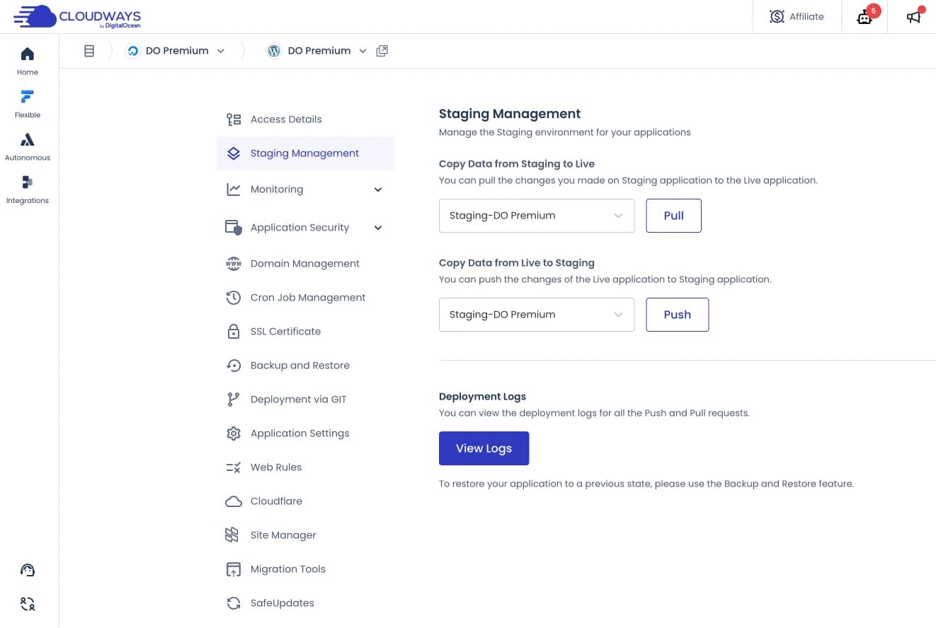 fitur staging di Cloudways Staging management di Cloudways