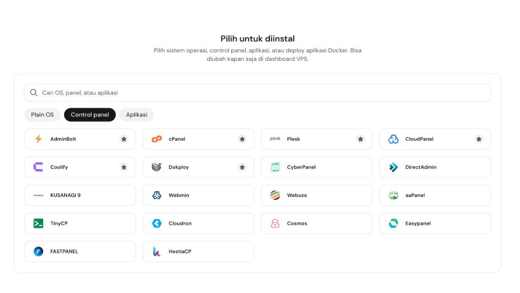 Tab Control panel: cPanel, Plesk, CloudPanel, Coolify, Dokploy, HestiaCP, aaPanel, CyberPanel, dll.