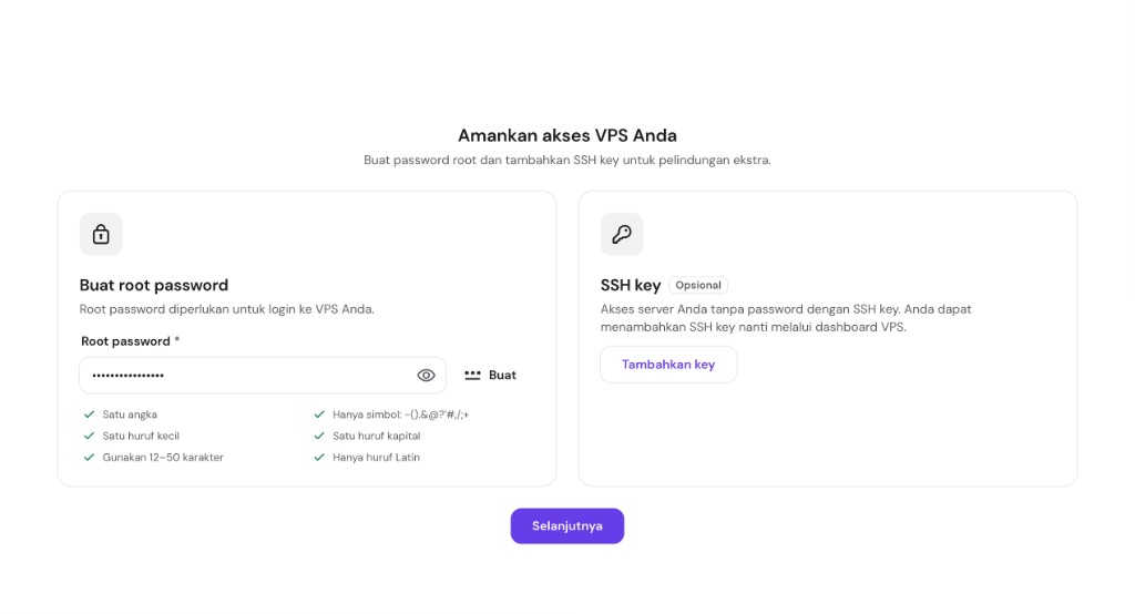 Amankan akses: root password + opsi SSH key