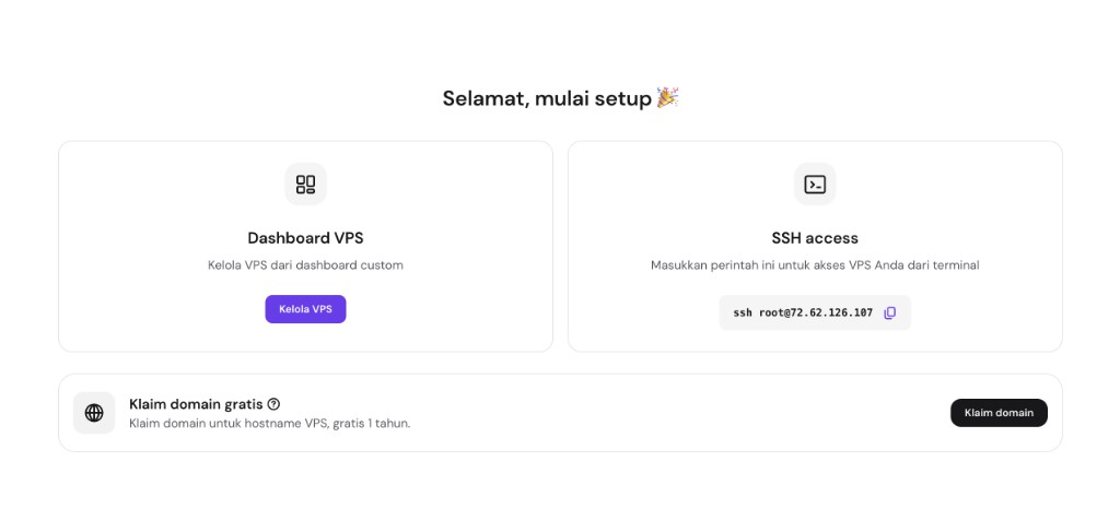 Setup selesai: Dashboard VPS, SSH root@72.62.126.107, klaim domain gratis