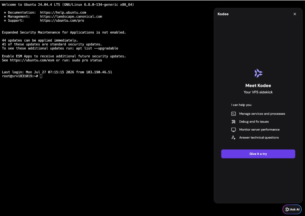 Browser terminal + panel Kodee pertama kali (Meet Kodee)