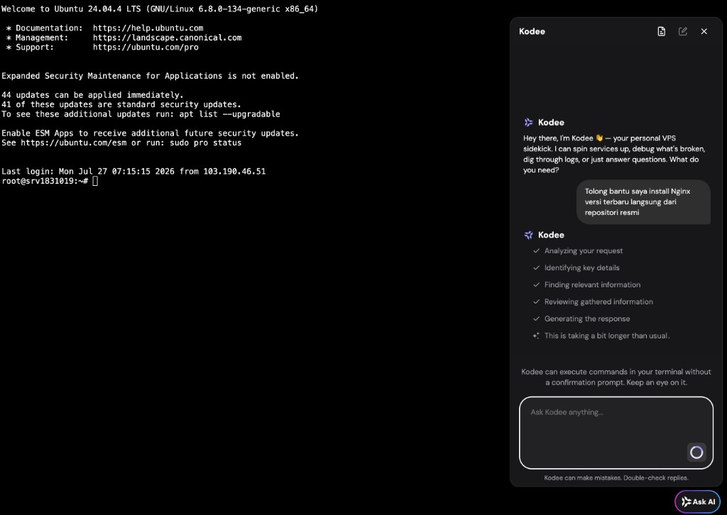 Chat Kodee dalam bahasa Indonesia: install Nginx dari repo resmi
