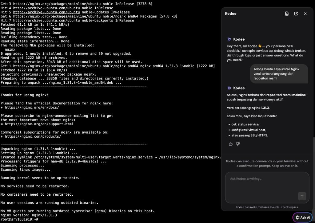 Nginx 1.31.3 terpasang dari mainline; `nginx -v` di terminal