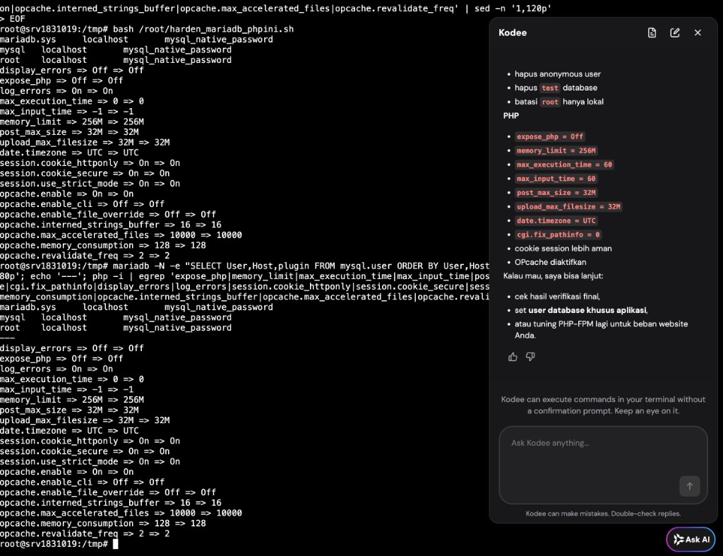 Hardening MariaDB + php.ini lewat Kodee