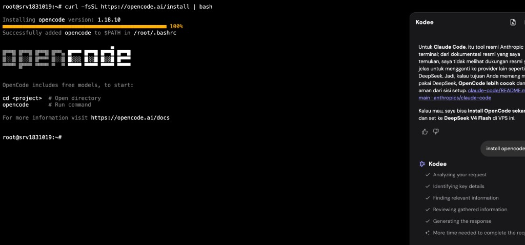 Kodee install OpenCode 1.18.10 (opsi DeepSeek V4 Flash)