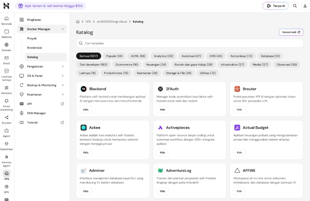 Docker Manager → Katalog (~1017 template)