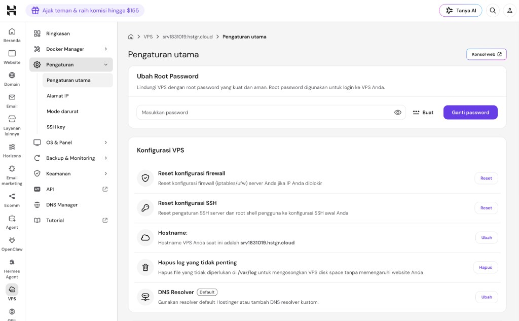 Pengaturan utama VPS: ganti password, reset firewall/SSH, hostname, log, DNS resolver
