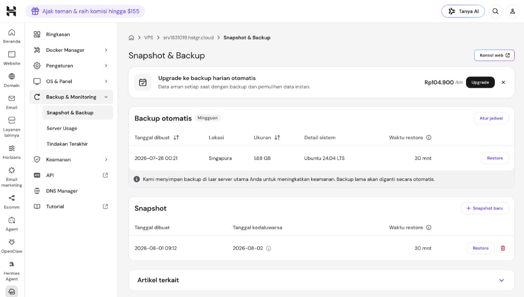 Snapshot & Backup: mingguan off-site Singapura, snapshot, upgrade harian Rp104.900