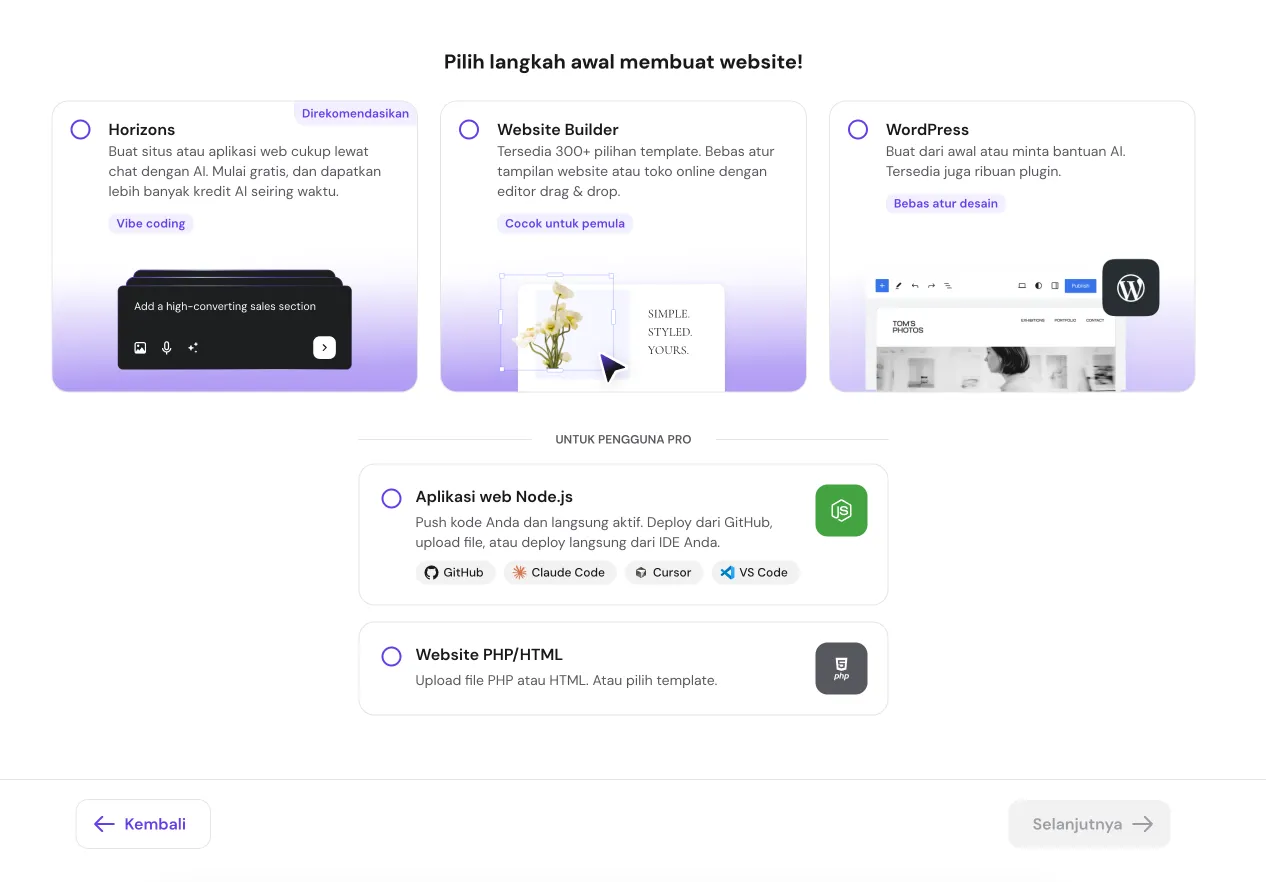 Pilihan Horizons, Website Builder, WordPress, Node.js, dan PHP HTML