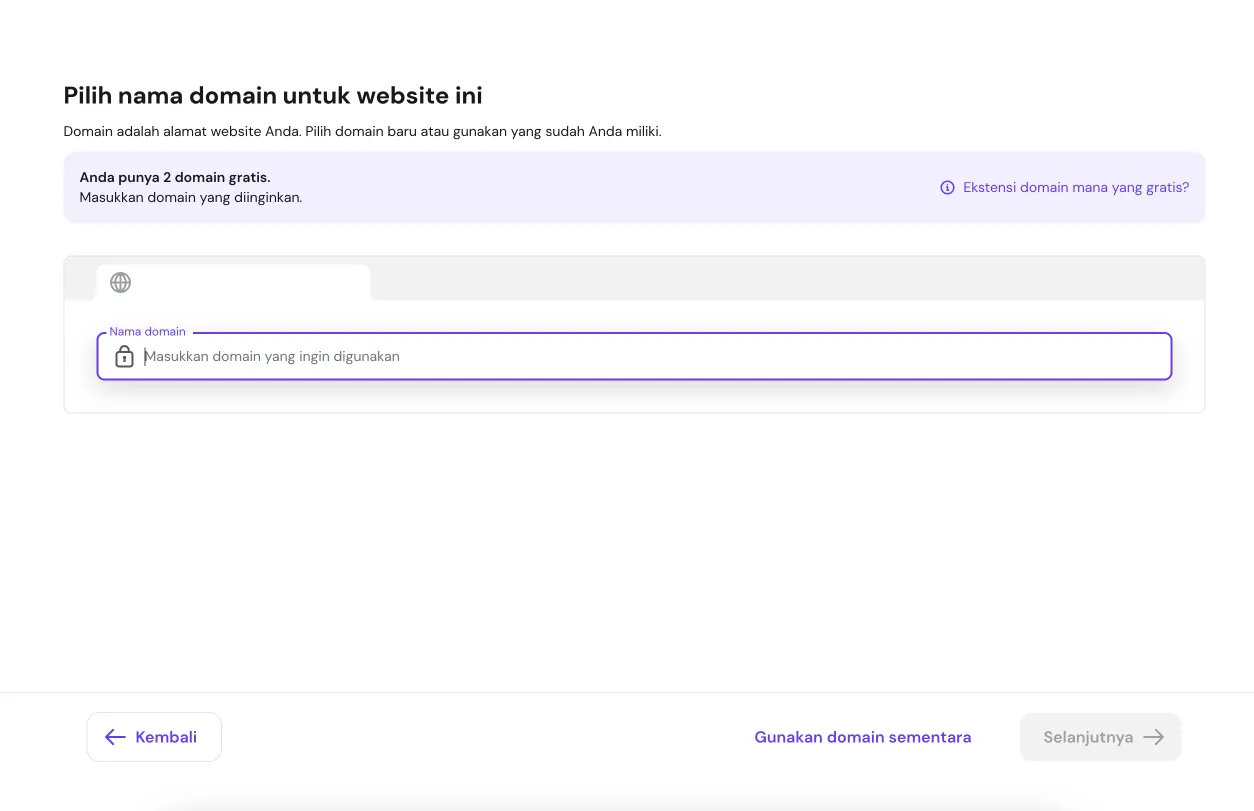 Pemilihan nama domain dalam onboarding Hostinger