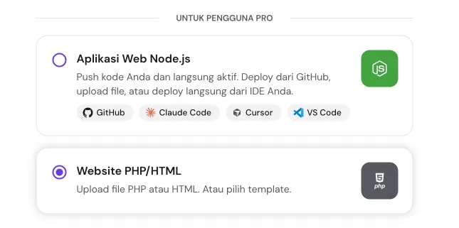 Pilihan aplikasi Node.js dan website PHP HTML saat onboarding