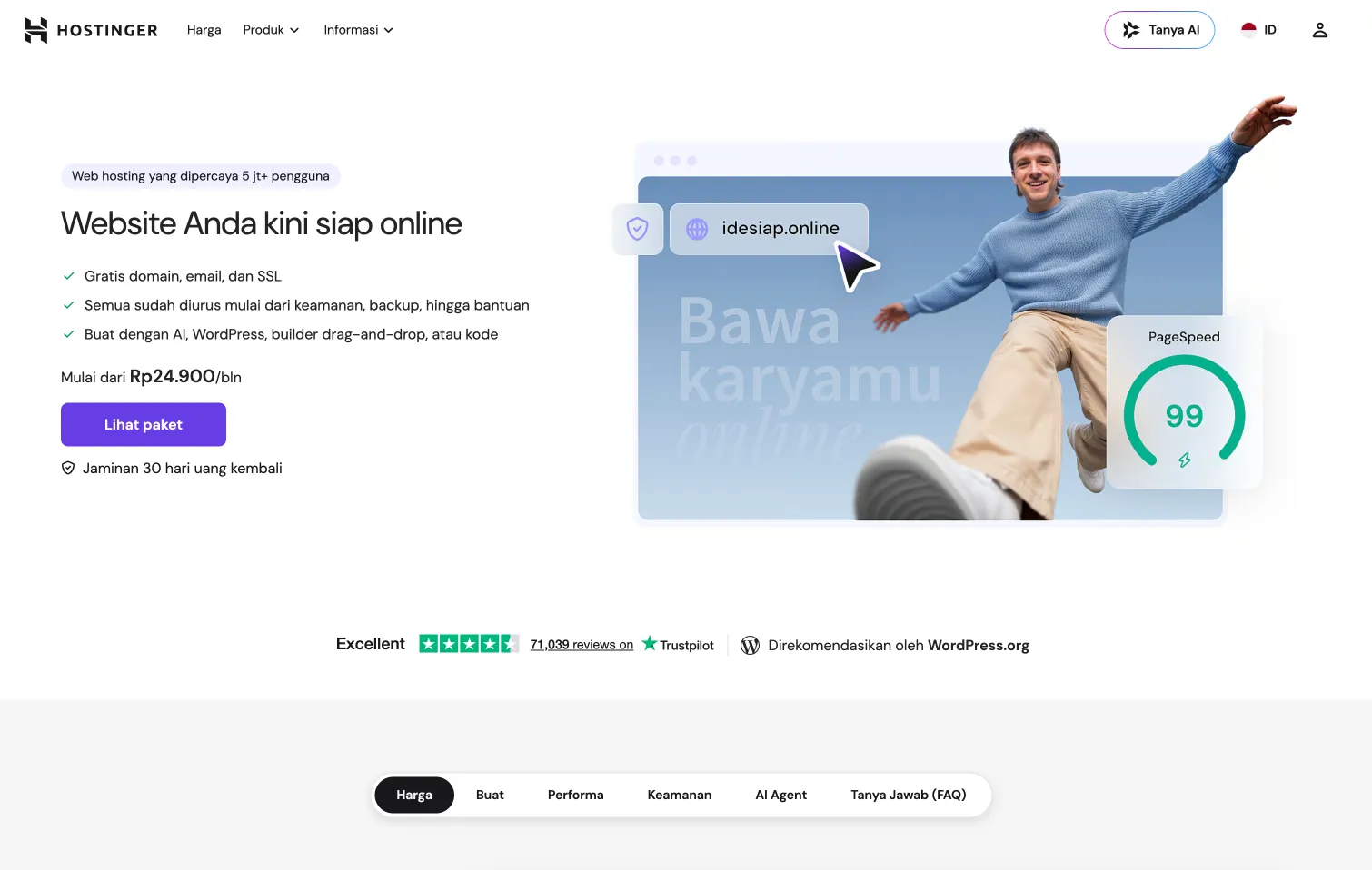 Halaman web hosting Hostinger Indonesia saat review dilakukan
