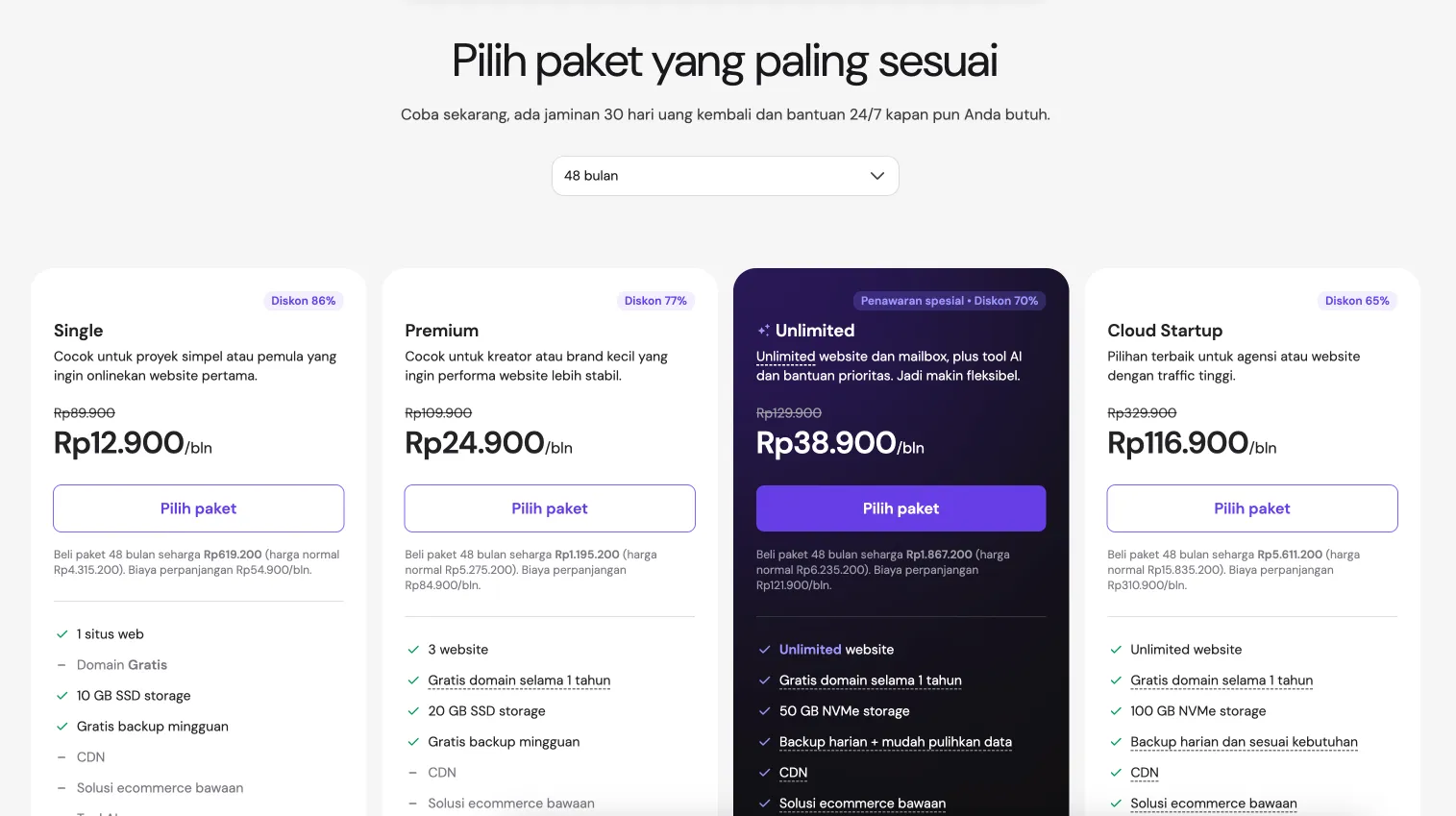 Perbandingan paket web hosting Hostinger untuk durasi 48 bulan
