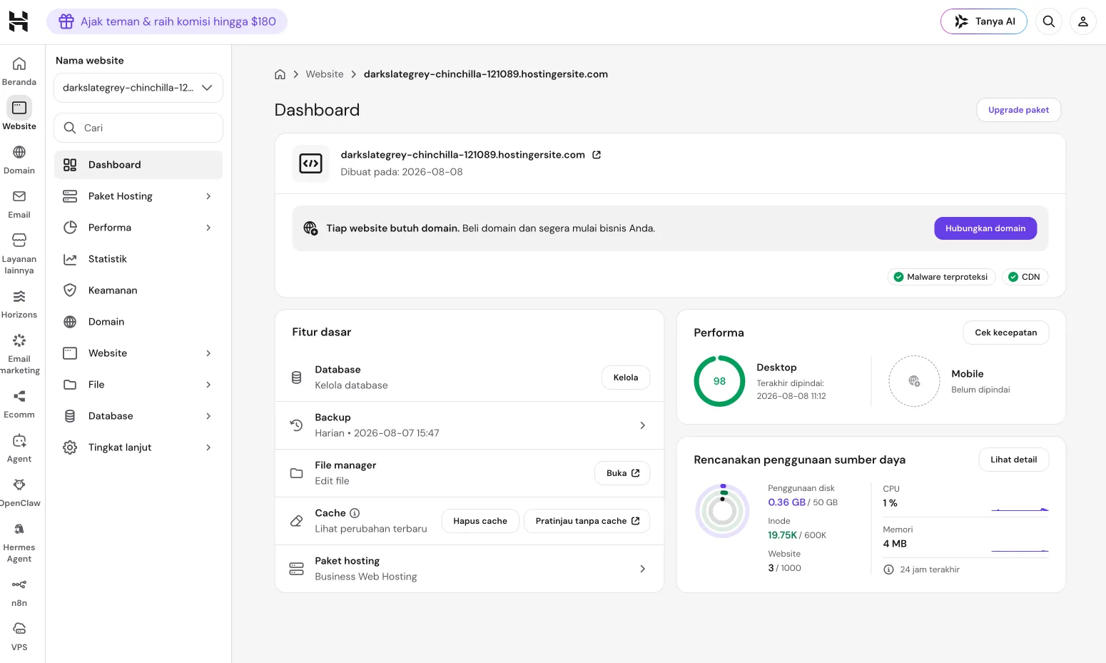Dashboard utama website di hPanel Hostinger