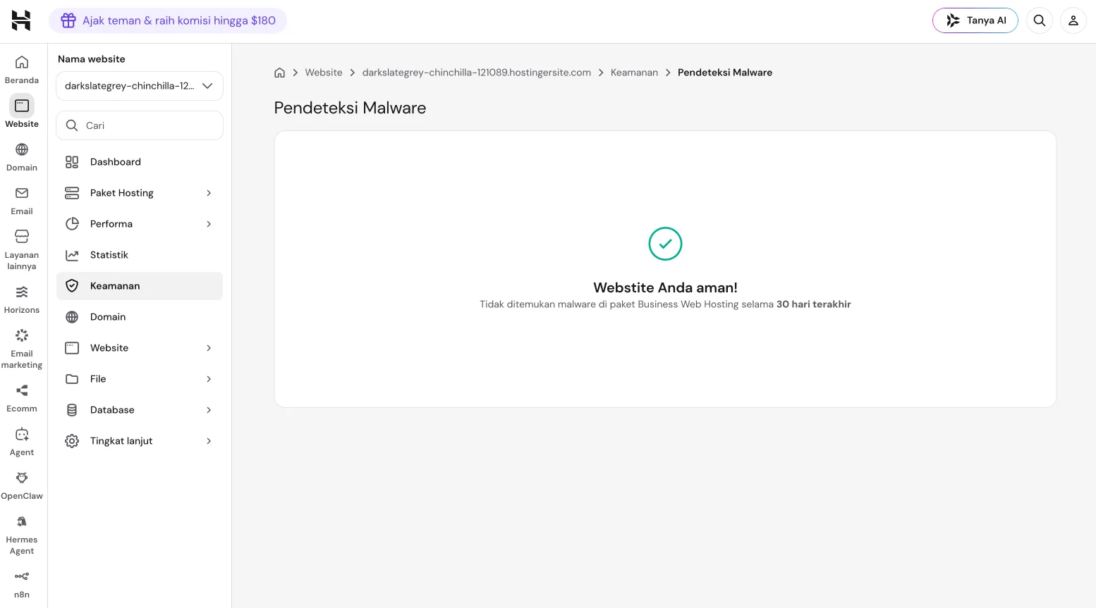 Tampilan Pendeteksi Malware di hPanel Hostinger