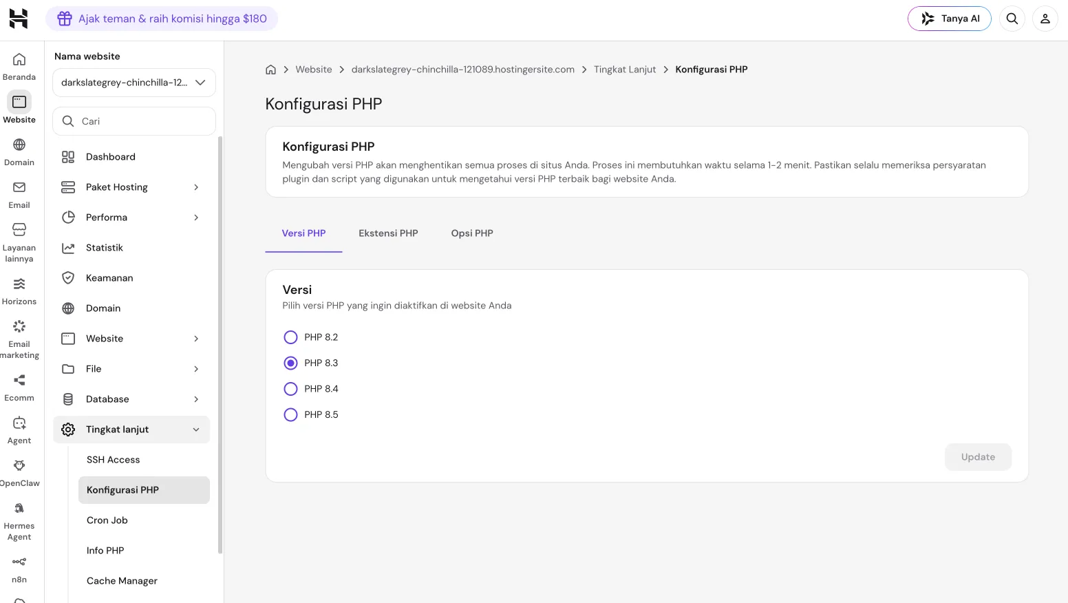 Pilihan versi PHP di hPanel Hostinger