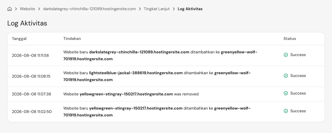 Log aktivitas website di hPanel