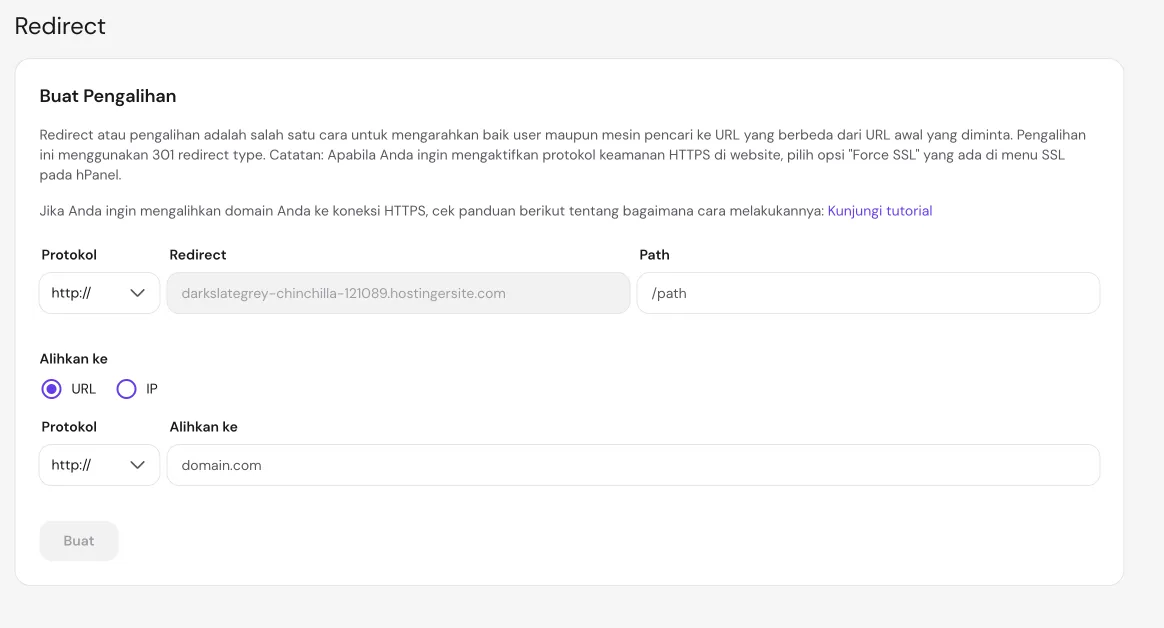 Pengaturan redirect di hPanel Hostinger