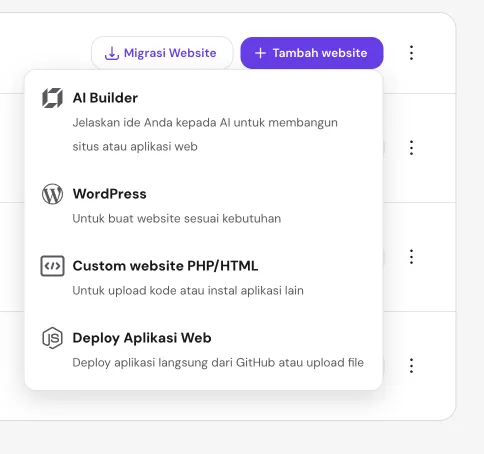 Pilihan menambah website melalui AI Builder, WordPress, PHP atau HTML, dan aplikasi web