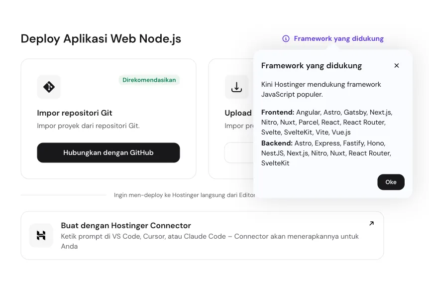 Deploy aplikasi Node.js dan daftar framework yang didukung