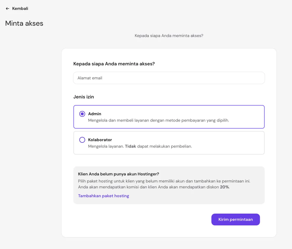 Pilihan akses Admin dan Kolaborator di Hostinger