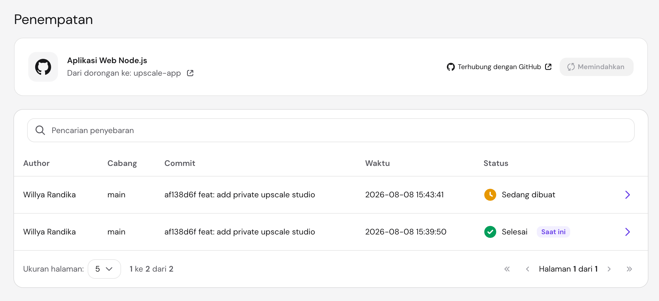 Riwayat deployment aplikasi Node.js dari repository GitHub di Hostinger