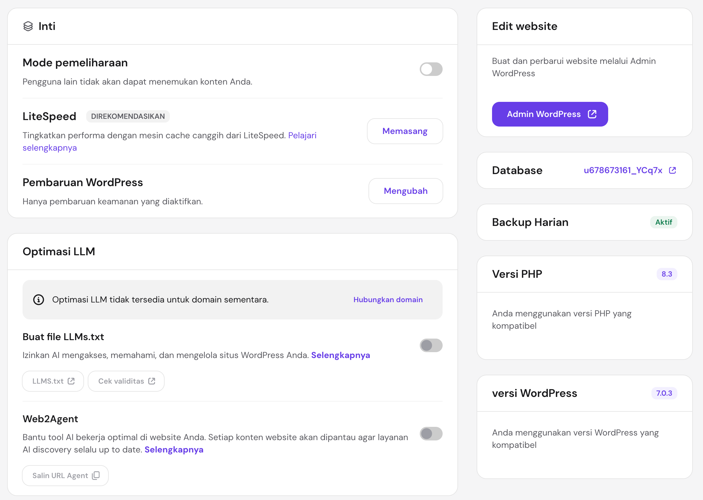 Pengaturan WordPress, LiteSpeed, akses wp-admin, dan optimasi LLM di hPanel