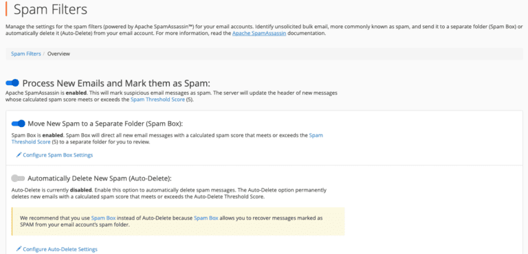 spam filters cpanel