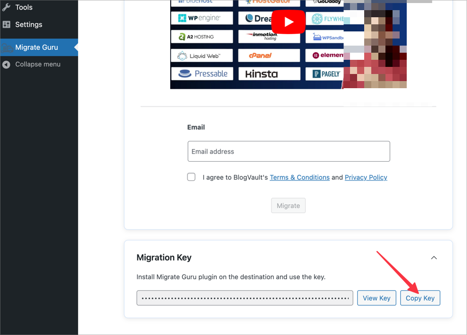 Copy key dari Migrate Guru